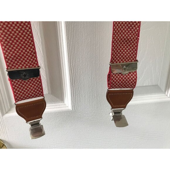 Vintage Big Sport Red & Tan Checkered Suspenders Leather Elastic Braces Silver - Picture 5 of 9